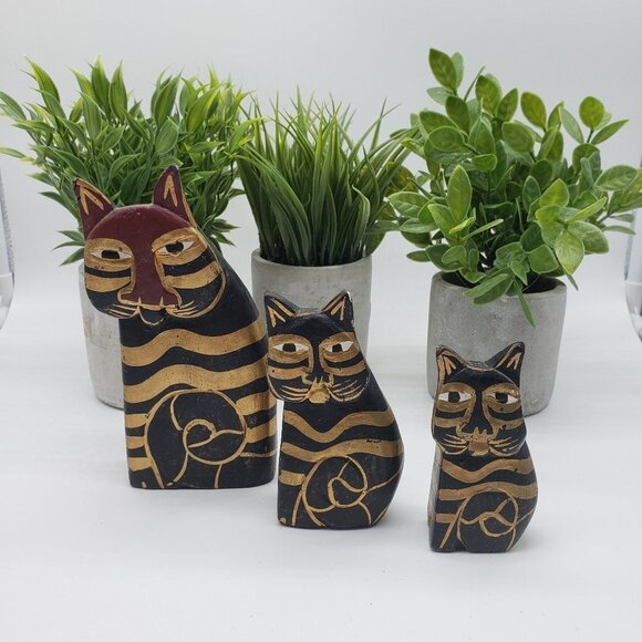 LAUREL Burch Trio Cat Hand Painted Black Gold Wooden Folk Art Figurines - Picture 2 of 9